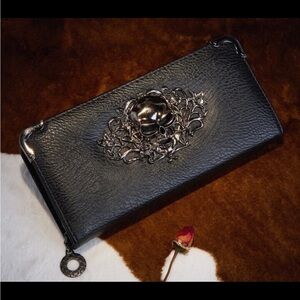3-D metal Skull Head Zip Around Vegan Leather Wallet -